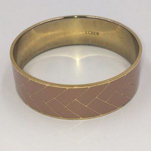 J. CREW Wide Brass BANGLE BRACELET Pink Peach Enamel HERRINGBONE Pattern